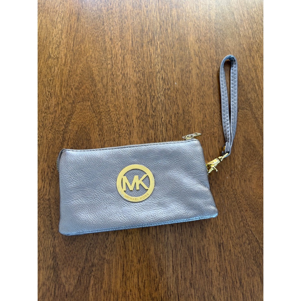 Michael Kors MK Logo Wristlet Clutch Wallet Gray Leather Gold tone Hardware